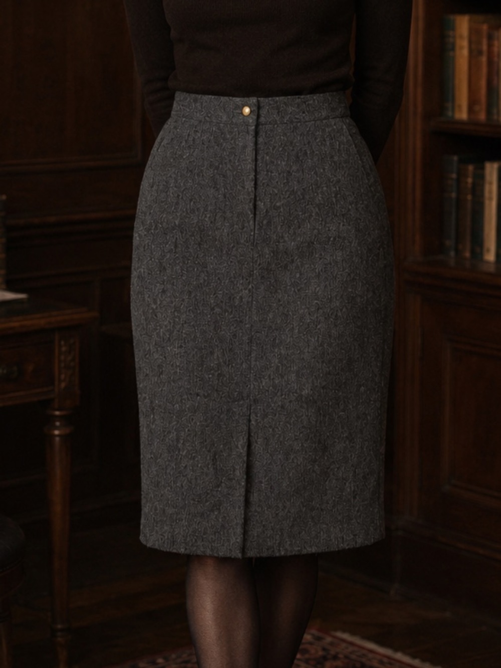 Vintage Gray Wool Pencil Skirt High Waist Knee Length Dark Academia Size 10
